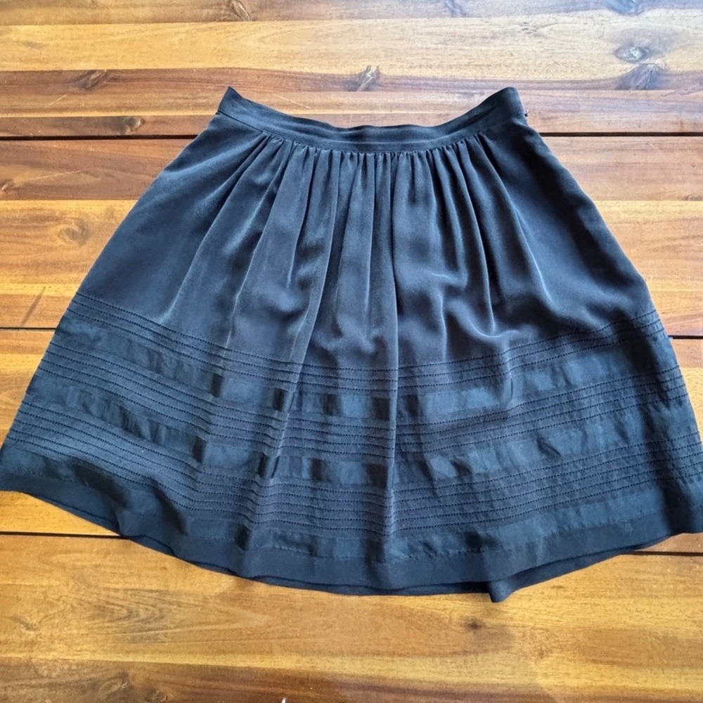 Theory 100% Silk Pleated A-Line Mini Skirt, Ribbon Detail, Black, Size 00